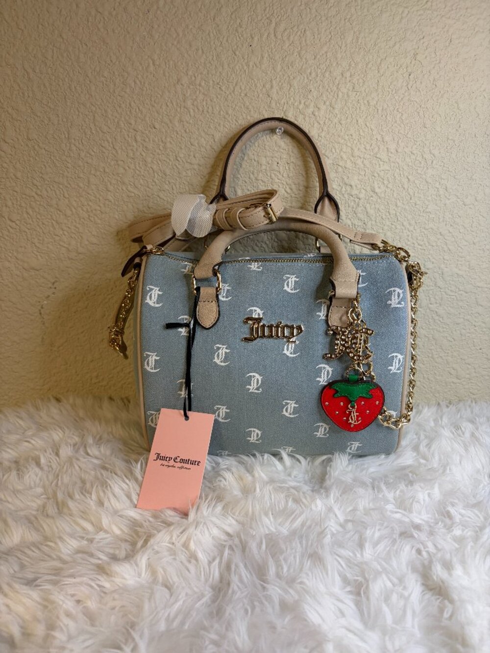 Juicy Couture "Denim Davis" Blue Satchel Crossbody Strawberry Charm NWT